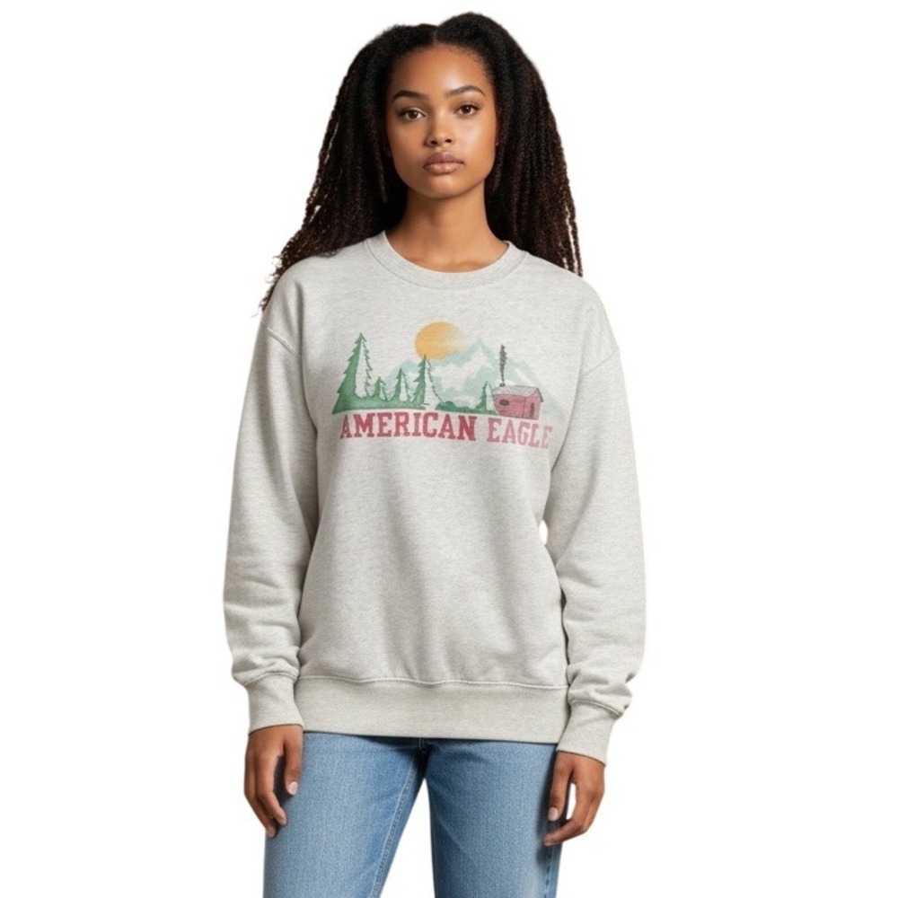 American Eagle Graphic Sweatshirt Women's Large Gray Cabin Outdoors Cozy